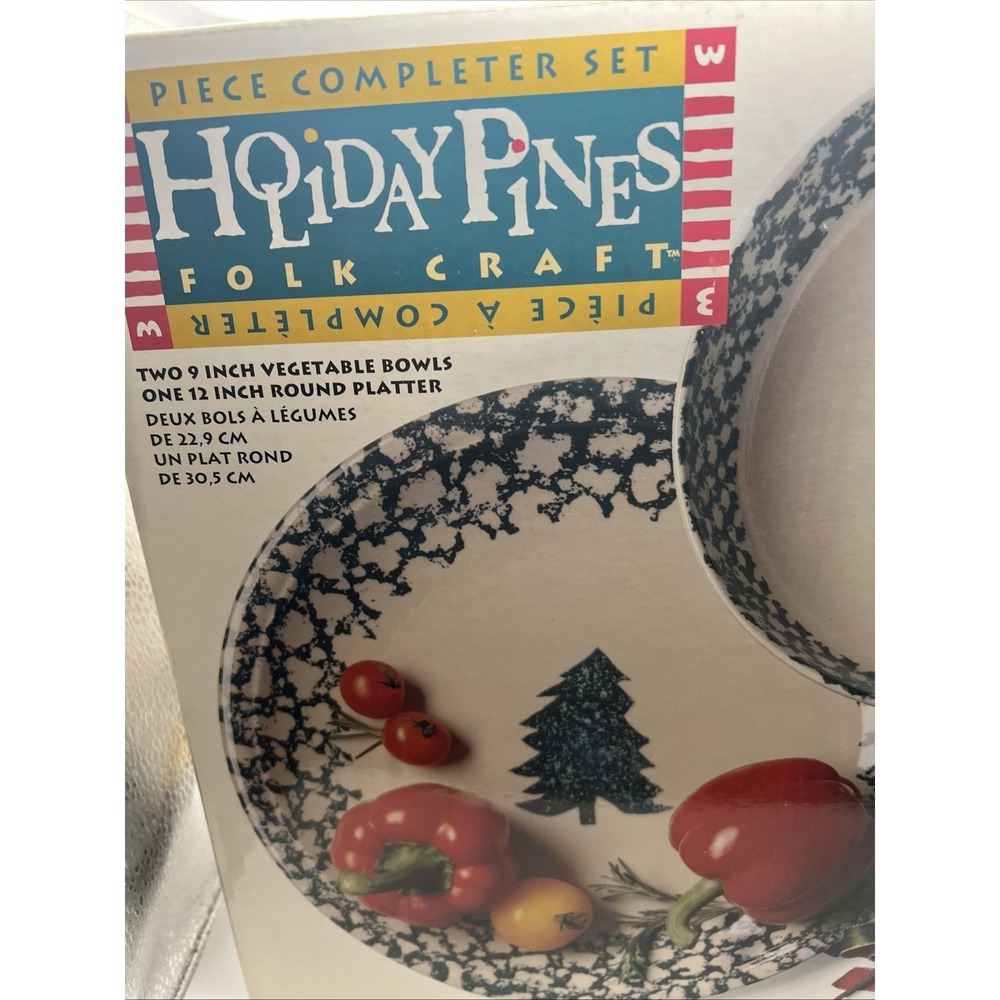 3pc Folkcraft Holiday Pines Chop Plate (Platter) 2 Serving Bowls Pinecone, Box - Picture 3 of 4